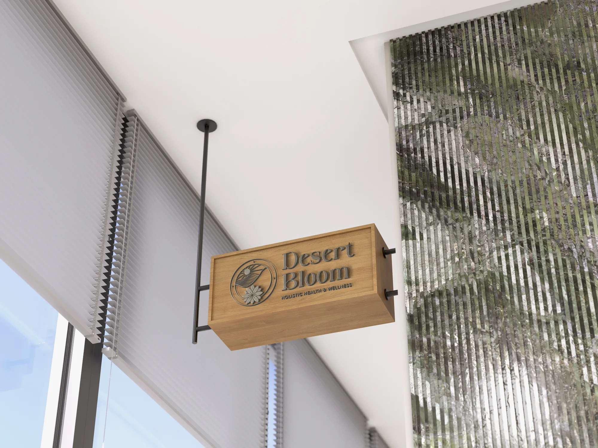 Desert Bloom Signage Design Desert Bloom logo on a wooden hanging sign indoors for a holistic wellness company, branding by Dream Wild Studio
