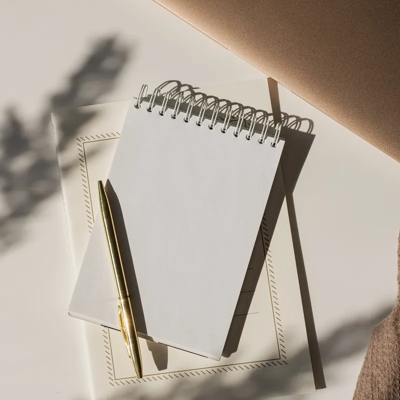 Notebook and pen on a styled desk, representing the brand and website launch process with Dream Wild Studio