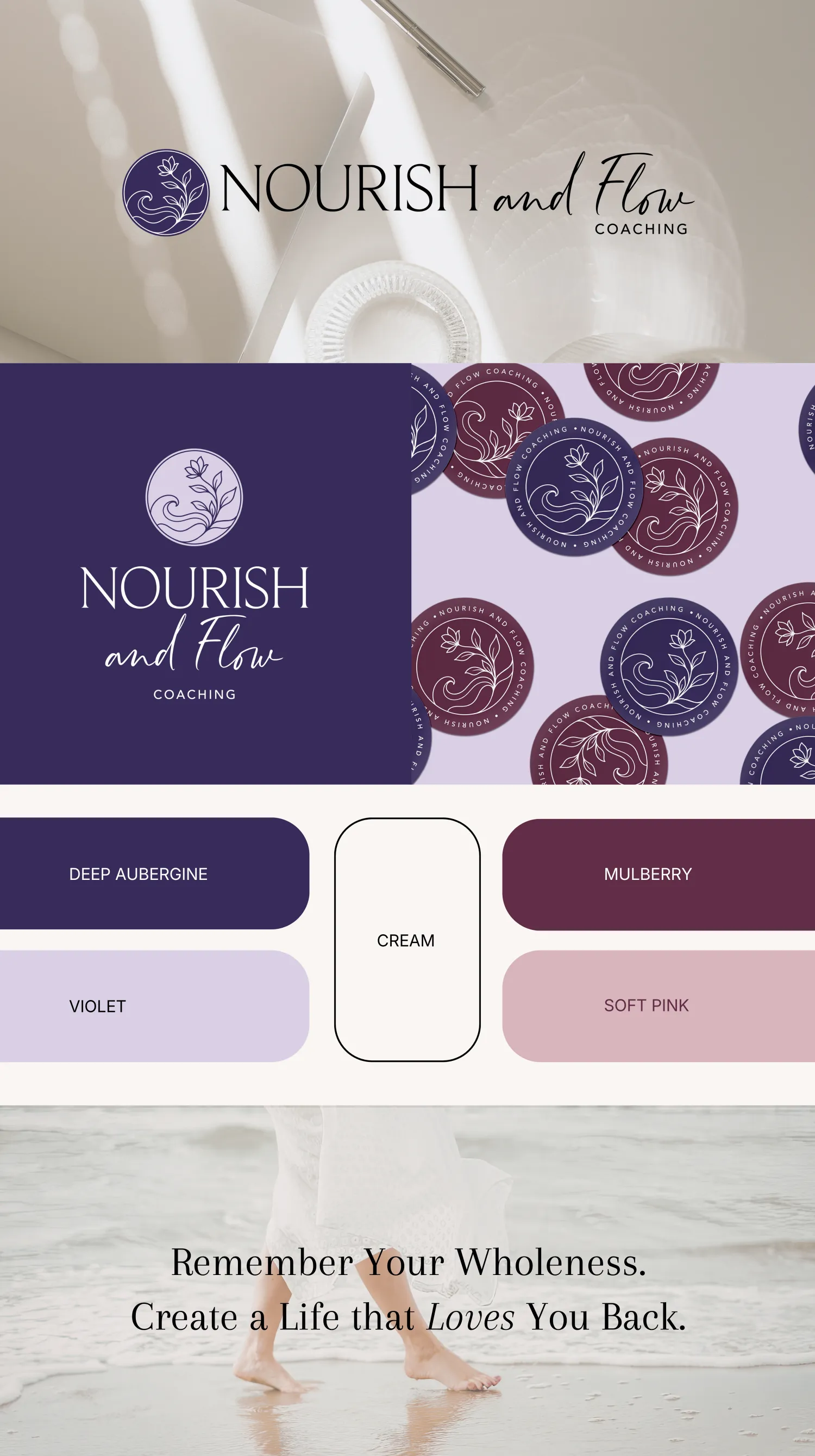 Brand board for a holistic nurse coach brand Nourish and Flow Coaching featuring logo, color palette, and visual identity elements, created by Dream Wild Studio.