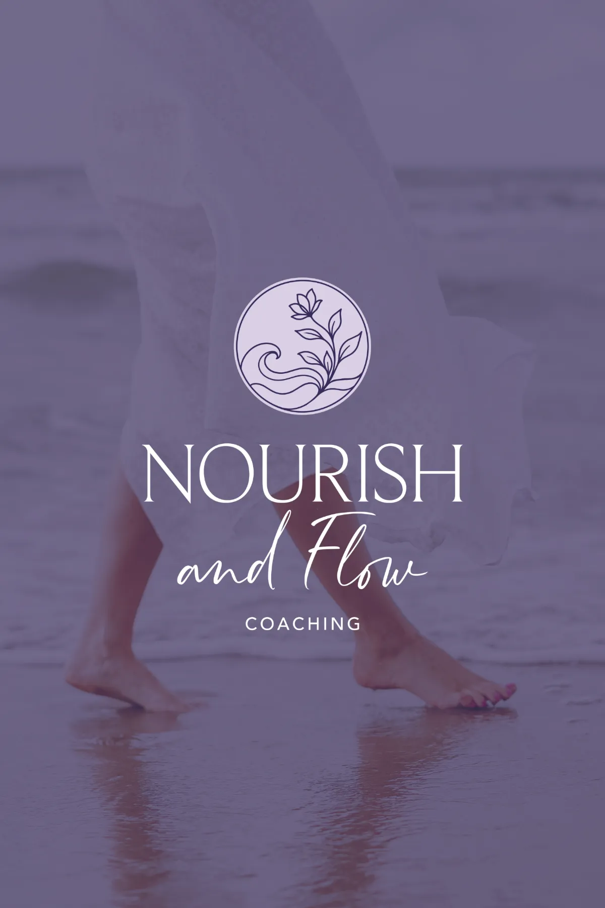 Nourish and Flow Coaching brand design shown on a purple branded background with logo details, designed by Dream Wild Studio.