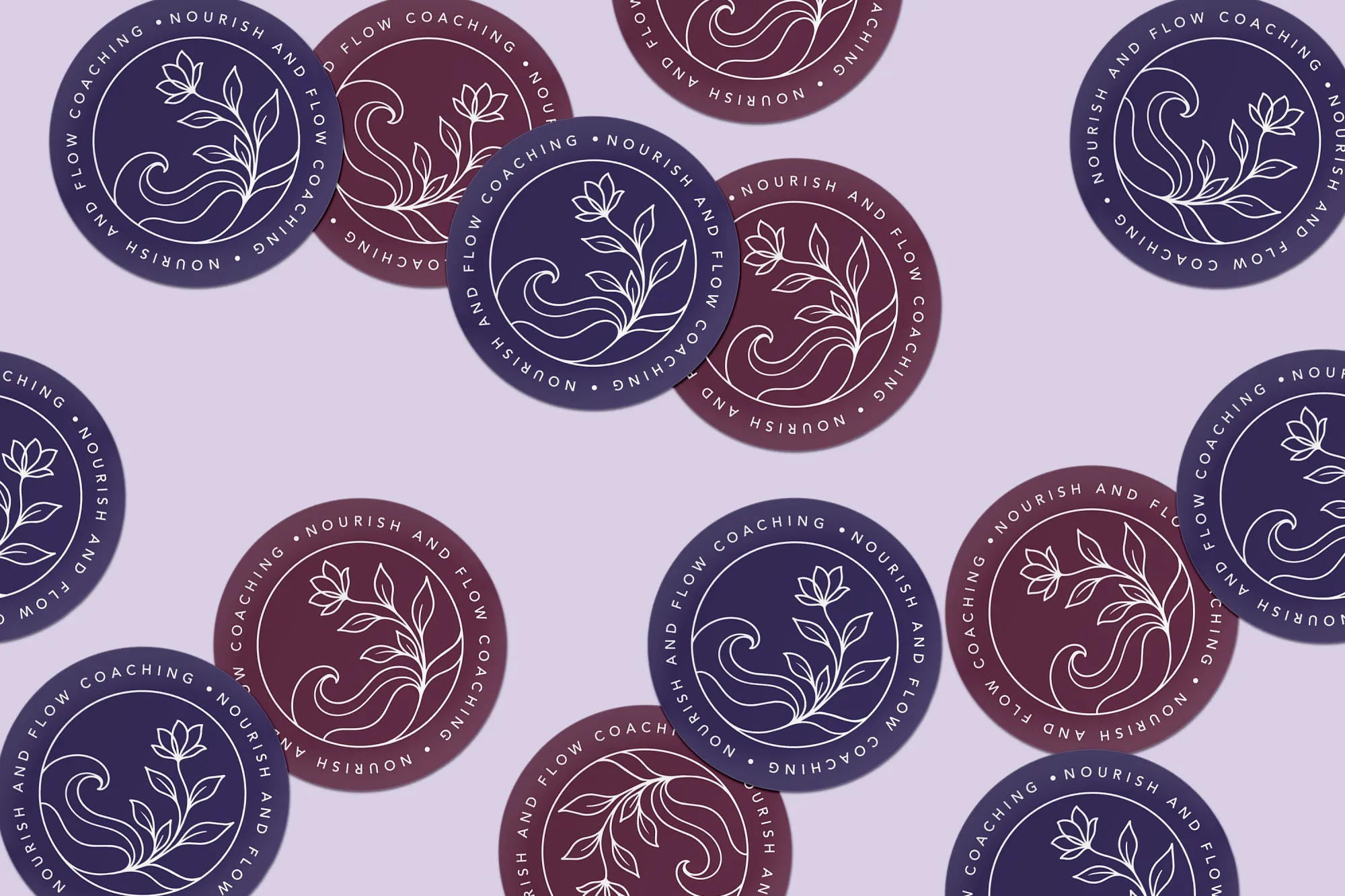 Nourish and Flow Coaching circular logo stickers in purple and burgundy for a holistic nurse coach brand, designed by Dream Wild Studio.