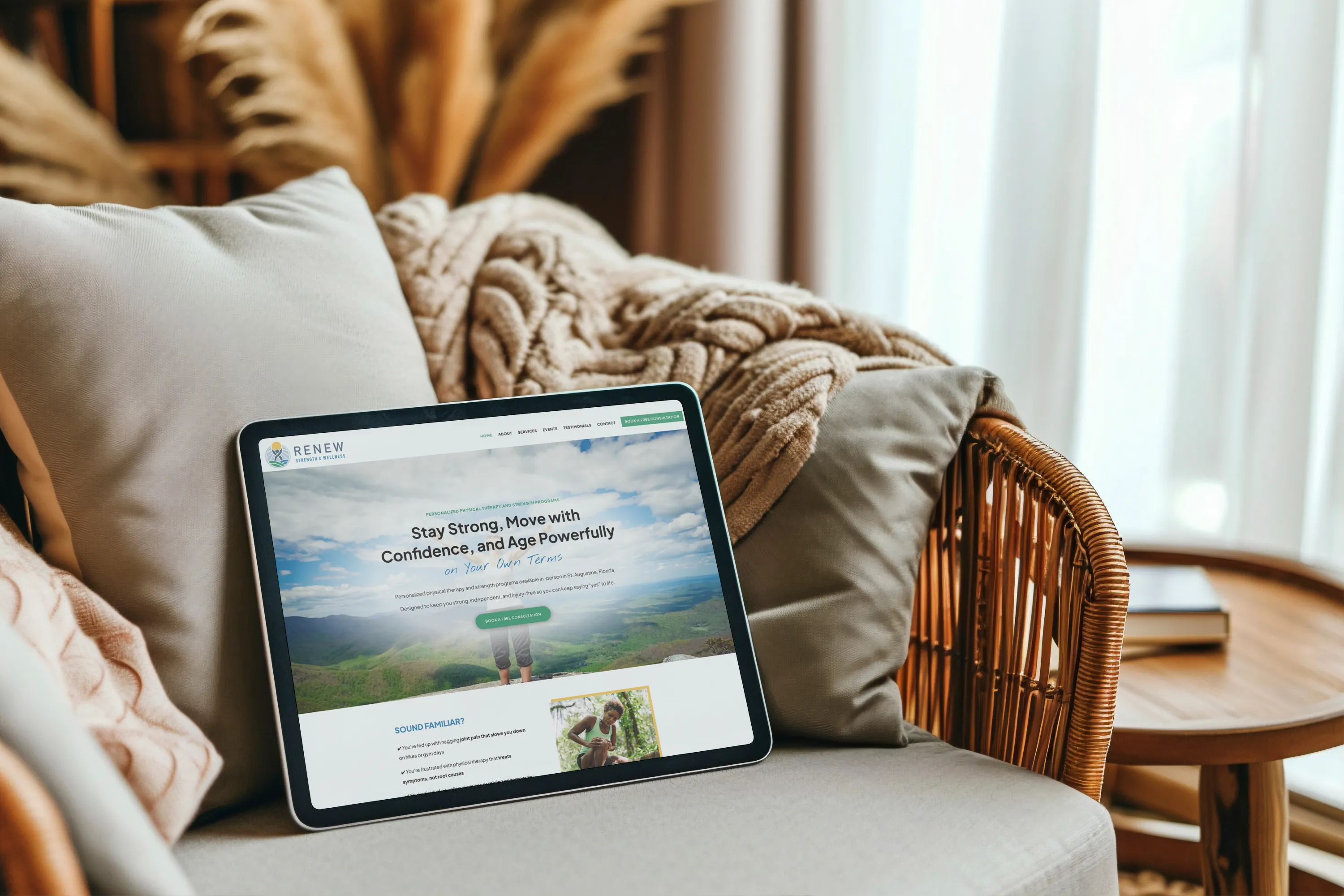 Custom WordPress wellness website displayed on a tablet, designed by Dream Wild Studio.