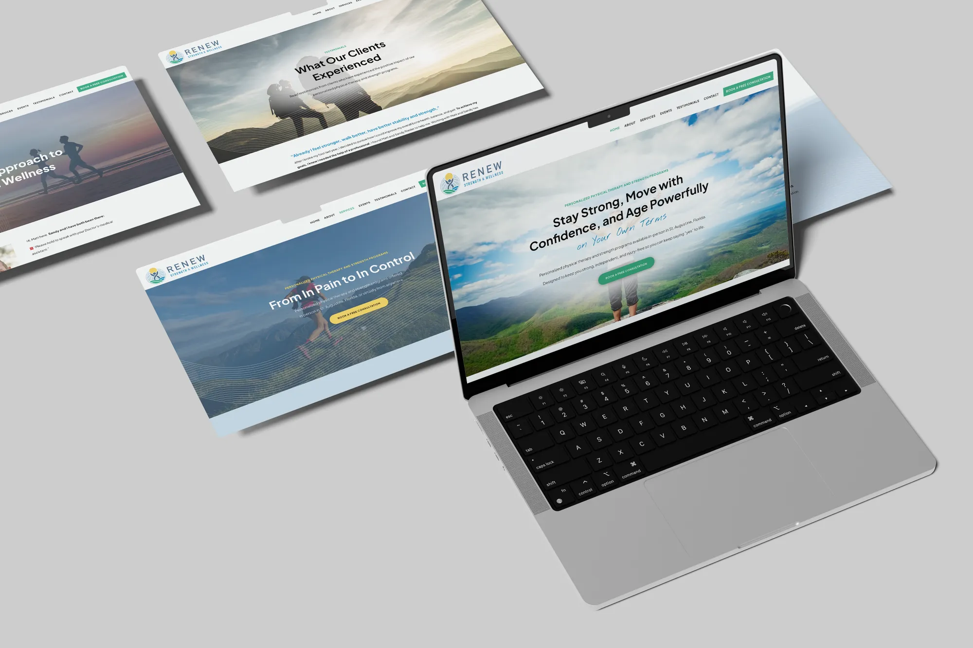 Custom WordPress wellness website for Renew displayed across a laptop and page mockups, designed by Dream Wild Studio.