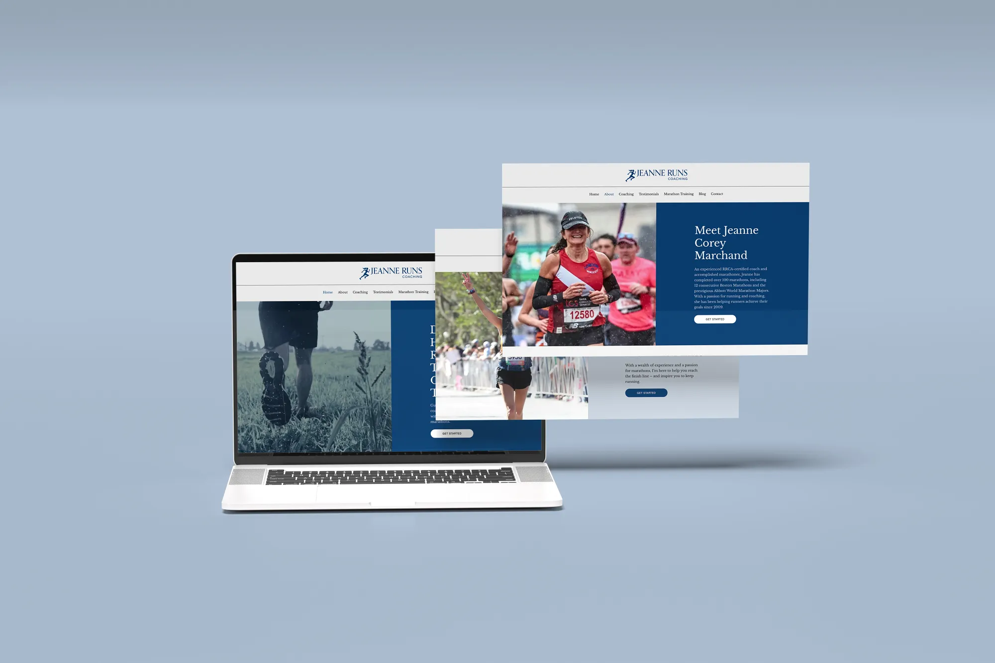 Custom running coach website displayed across multiple screen mockups, designed by Dream Wild Studio.
