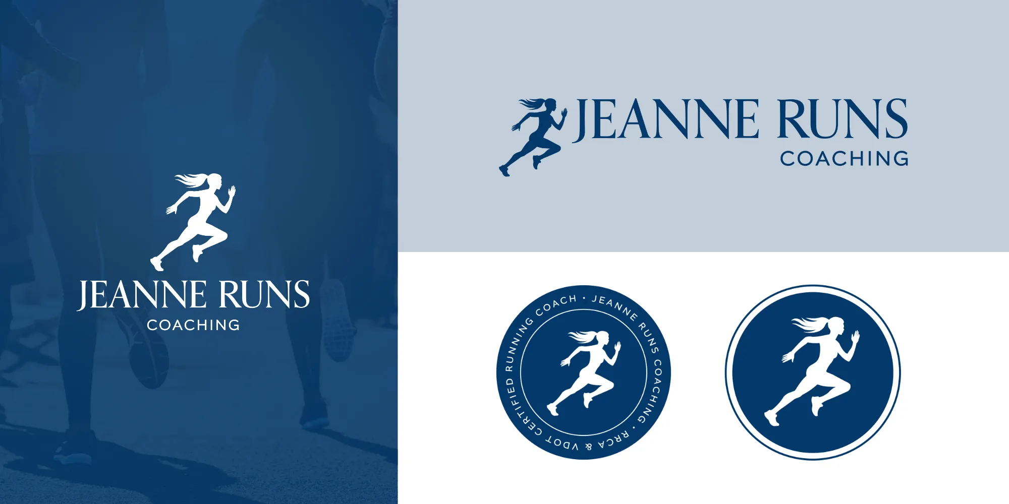 Running coach logo suite with primary logo, secondary logo, and circular brand marks, designed by Dream Wild Studio.