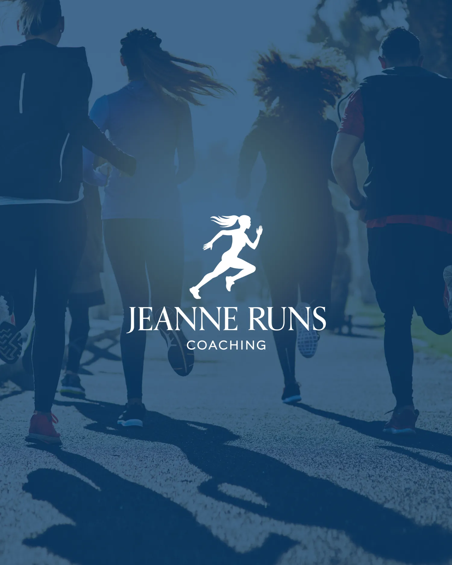 Jeanne Runs Coaching logo featuring a runner symbol on a blue background, designed by Dream Wild Studio.