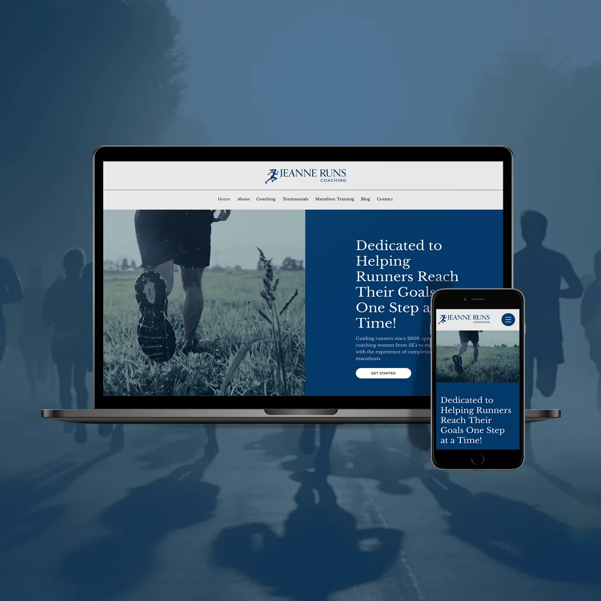 Jeanne Runs coaching website displayed across laptop, tablet, and mobile screens, designed by Dream Wild Studio.
