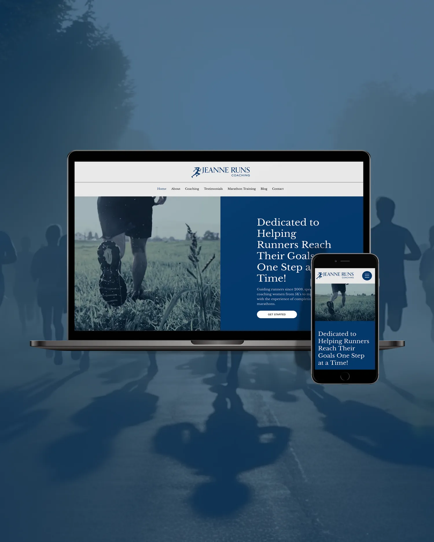 Jeanne Runs coaching website displayed across laptop, tablet, and mobile screens, designed by Dream Wild Studio.