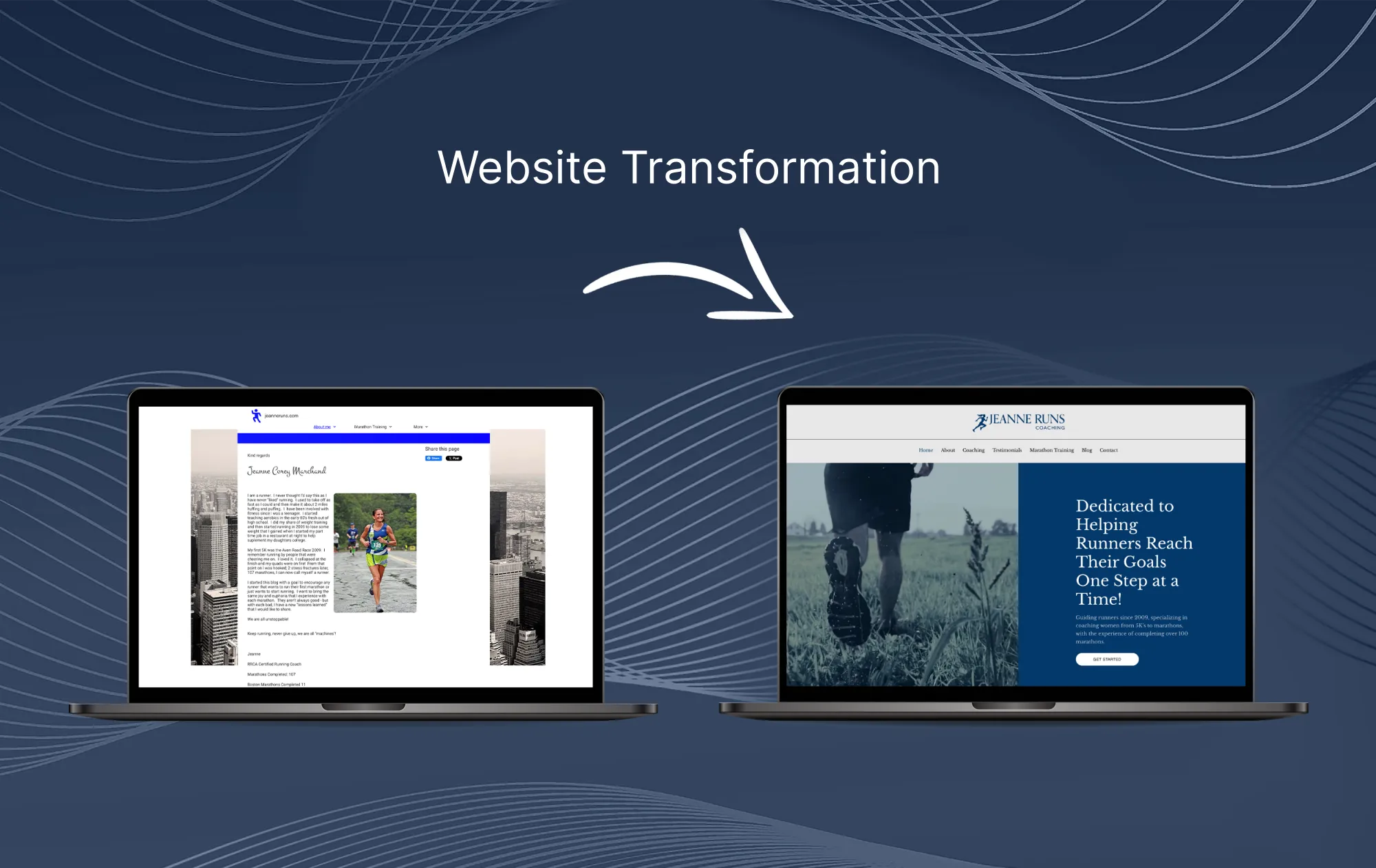 Before and after website transformation for a running coach, designed by Dream Wild Studio.
