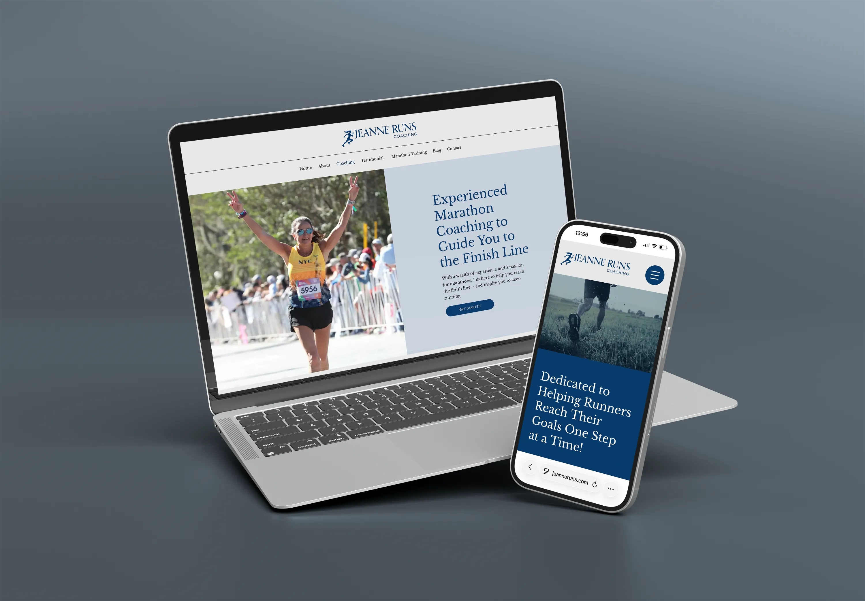 Custom running coach website displayed on a laptop and mobile phone, designed by Dream Wild Studio.