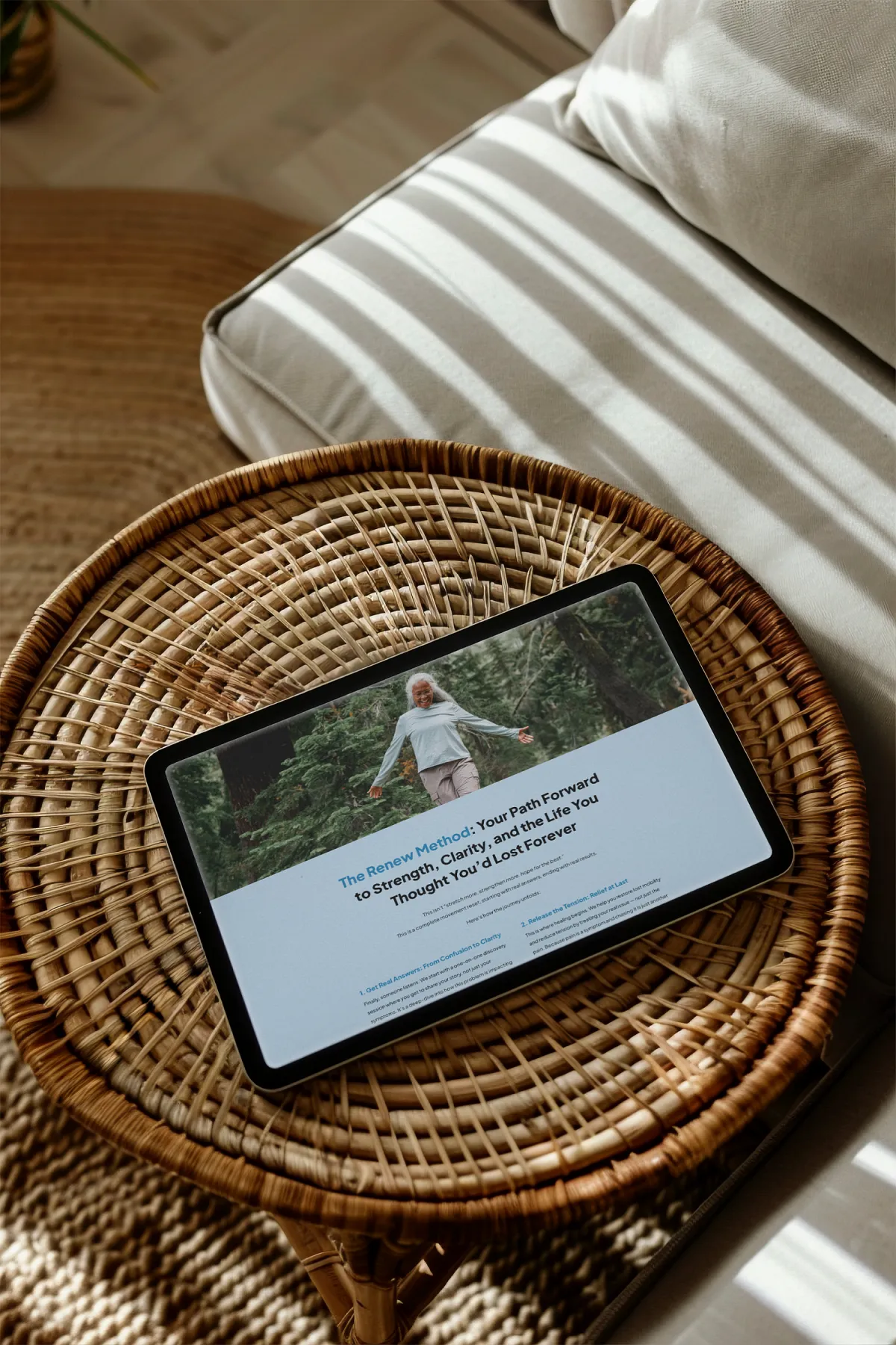 Custom wellness website displayed on a tablet in a natural setting, designed by Dream Wild Studio.